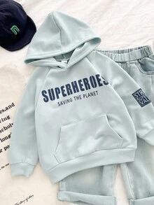Genkimix Kids Ensemble de 2 pièces pour la rentrée scolaire pour garçons de 4 à 7 ans : Top imprimé de lettres et jean en denim - Bleu azur - Voir 5