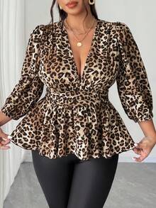 Elenzga 大码女式性感V领灯笼袖荷叶边上衣，度假风格，春秋季 - 棕色 - 查看 4