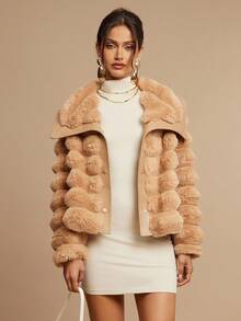 Silquee Abrigo de mujer casual con cuello de solapa y botones, de piel sintética, para otoño/invierno - Camel - Ver 2