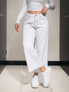 SHEIN PETITE Women's Pocketed Wide Leg Loose Casual 7/8 Length Jeans - White - View 4