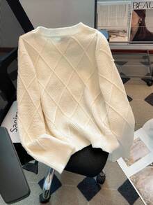 GlowEve CURVE Plus Size Solid Color Embellished Pearl Sweater, Casual For Autumn/Winter - Beige - View 2