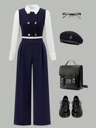 3pcs/Set Elegant Outfit For Tween Girls White Shirt, Black Vest, And Black Pants Full Outfit Preppy Outfit Set