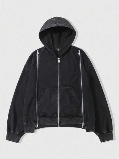 Street Life Men's Fashion Multi-Zipper Washed Zip Up Hoodie , Fall