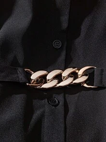 SHEIN CURVE+ 女士金属装饰灯笼袖长衬衫，优雅时尚 - 黑色 - 查看 4