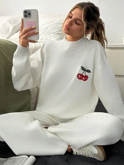 EURMUSE Women Cherry Embroidery Detailed 2pcs Set Co-Ords Knit Set Cherry Clothes Loungewear Women Sweater Sets For Women Womens Knit Set