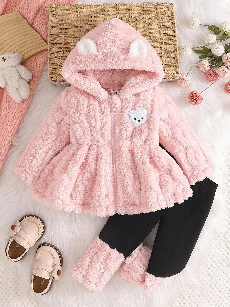 SHEIN Baby Girls' Bear Embroidery Hooded Fluffy Zip-Up Jacket And Fluffy Pants Suit, Adorable For Autumn/Winter Fall - Pink - View 1
