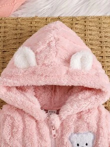 SHEIN Baby Girls' Bear Embroidery Hooded Fluffy Zip-Up Jacket And Fluffy Pants Suit, Adorable For Autumn/Winter Fall - Pink - View 7