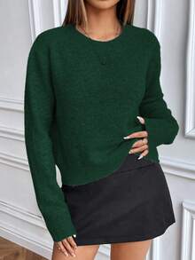 EMERY ROSE 休闲风格纯色圆领针织长袖毛衣 - 墨綠色 - 查看 5