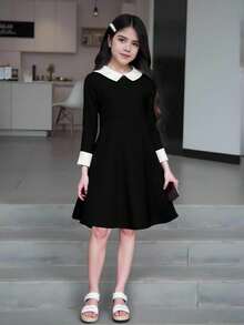 SHEIN Elladie kids Tween Girl Contrast Collar Keyhole Back Contrast Binding Dress - Black - View 10