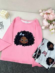 Cute Girl Print Crew Neck Long Sleeve & Long Pants Pajama Set For Young Girl