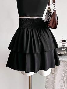 SHEIN 少女黑色麻花针织腰部双层短款迷你裙，春夏