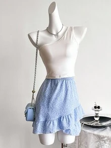 2 件套少女纯色单肩上衣和碎花荷叶边下摆裙子套装