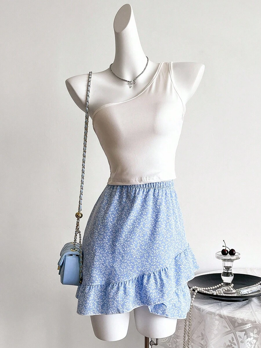 2 件套少女纯色单肩上衣和碎花荷叶边下摆裙子套装