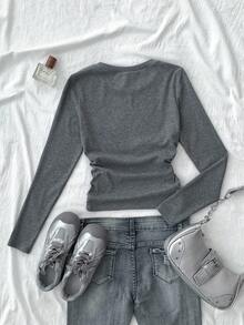 Camiseta de tirantes plisada con estampado de estrellas de unicolor para adolescentes, adecuada para uso casual en invierno - Gris Oscuro - Ver 2