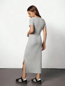 Hanevo Váy xẻ dài có gân dọc thoải mái cho bé gái Tween cho mùa hè - Xám - Xem 2