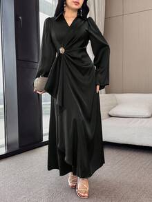 Modelyn 女式优雅花卉纽扣喇叭袖连衣裙，秋季 - 黑色 - 查看 3