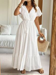 Vionelle 加大码女式法式优雅浪漫长裙，V 领，荷叶边袖，收腰设计和喇叭裙