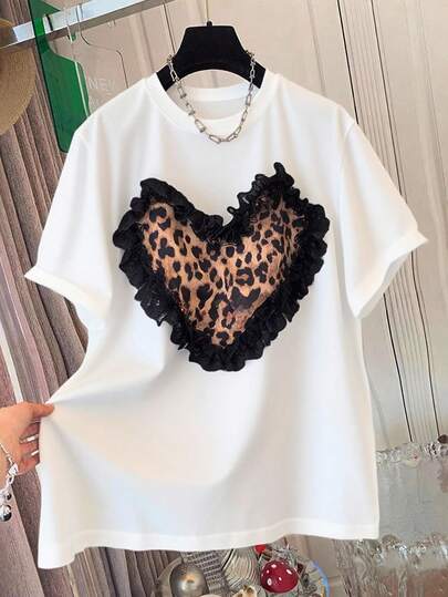 SHEIN 宽松豹纹印花心形蕾丝边大码女式T恤