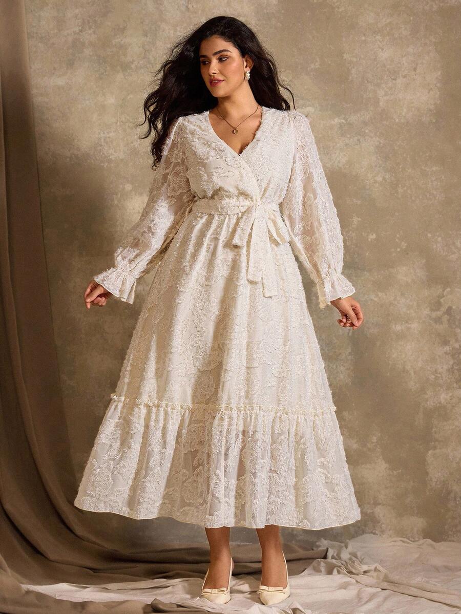 Roveilla Plus Size Autumn/Winter Cutout Floral Ruffle Sleeve Elegant Dress - Apricot - View 1