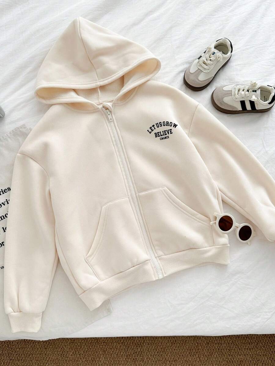 Genkimix Kids 女童针织保暖内衬休闲前拉链连帽衫，带英文字母印花，时尚日常、返校、百搭场合皆宜 - 杏色 - 查看 1