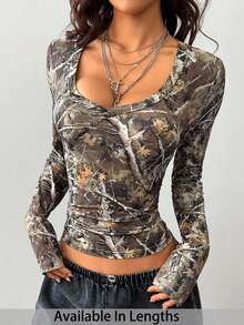 SHEIN Tall CURVE Áo thun cổ chữ V họa tiết cành cây thời trang đường phố Y2K cỡ lớn dành cho nữ - Nhiều màu - Xem 1