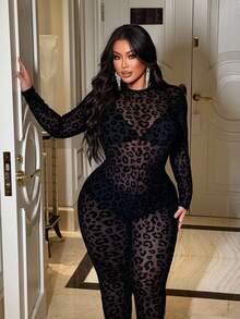 NU&NOW 大码时尚性感豹纹连体裤 - 黑色 - 查看 6