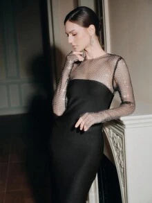 Anewsta 女式高端优雅性感时尚闪亮网眼水钻拼接A字长裙