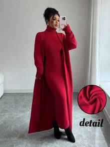 Elenzga 女士秋冬 Aniusta 休闲红色连衣裙，适合元旦、独立日、劳动节、哥伦布日、感恩节、圣诞节、情人节、音乐会、街头风格、复古斯德哥尔摩风格、郊游、返校、教师装、韩版、Turom 风格针织毛衣开衫连衣裙套装 - 紅色 - 查看 1