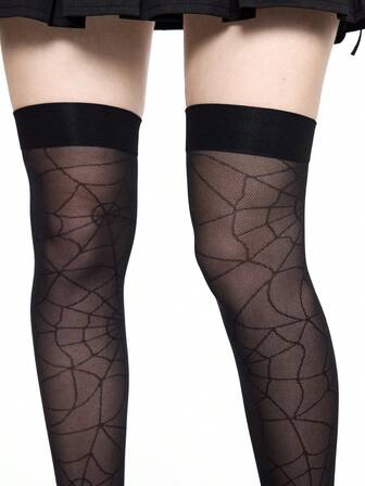 Grunge Punk زوج من جوارب طويلة فوق الركبة بتصميم شبكة العنكبوت الجذاب، لون أسود غامق شفاف مرن، مناسب لمناسبة عيد الهالوين