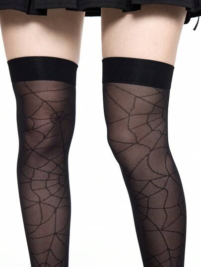 Grunge Punk زوج من جوارب طويلة فوق الركبة بتصميم شبكة العنكبوت الجذاب، لون أسود غامق شفاف مرن، مناسب لمناسبة عيد الهالوين