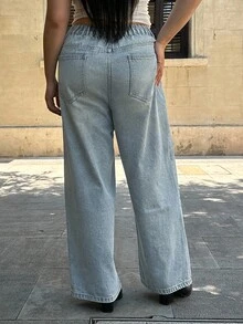 Dazy Plus Jeans rectos de pierna larga con diseño de solapa en ángulo y lavado claro, para todas las estaciones - Lavado ligero - Ver 11