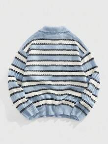 ROMWE MEN Street Life Men's Blue & White Striped Knit Cardigan Sweater, Fall Winter - Blue and White - View 2
