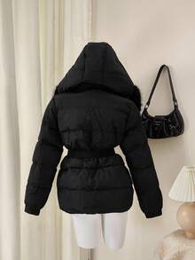 SHEIN ICON 女式纯色人造毛皮连帽长袖休闲束腰冬季夹克 - 黑色 - 查看 2