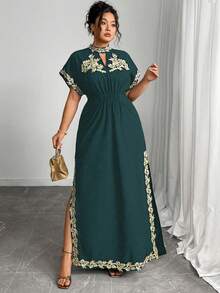 Elenzga 大码女式优雅纯色浪漫刺绣贴花派对鸡尾酒会音乐节度假百搭设计长袖超长连衣裙，春夏 - 墨綠色 - 查看 3