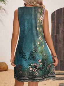 SHEIN LUNE 圆领金属环装饰 A 字无袖连衣裙，花卉印花休闲假日优雅女士休闲短裙 - 霧霾藍 - 查看 2