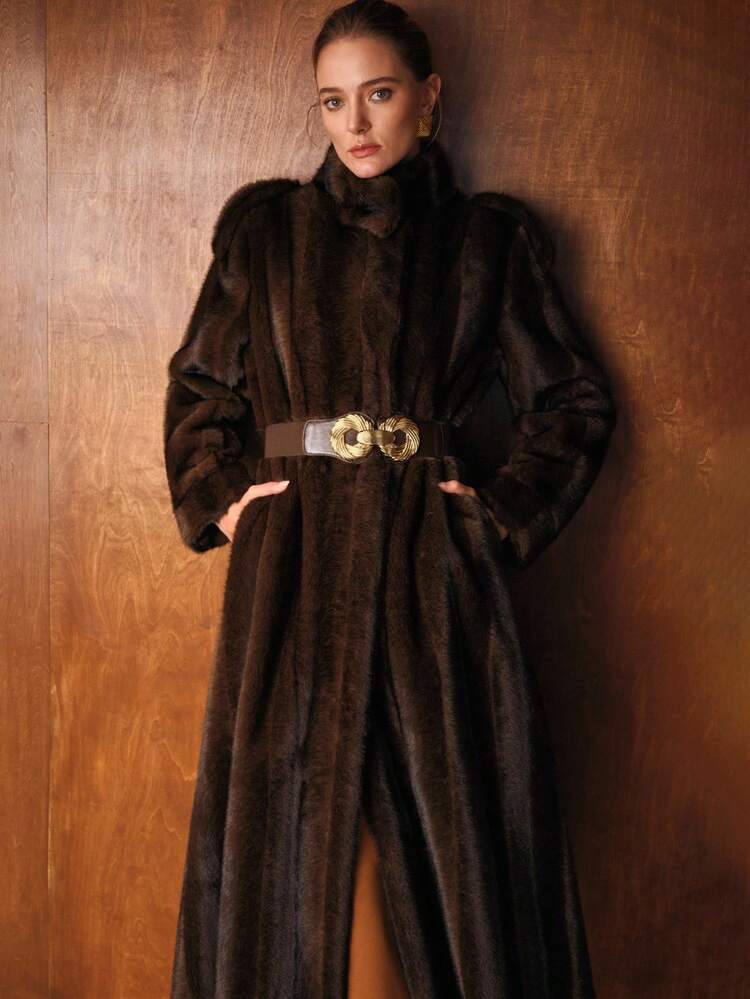BELTED FLANNELETTE FAUX FUR COAT