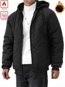 Manfinity Homme Men's Solid Color Long Sleeve Zip Front Drawstring Hooded Casual Winter Coat, Quilted Outerwear, Fall - Black - View 6