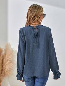 EMERY ROSE Elegant Solid Color Ruffle Puff Sleeve Blouse, Spring/Autumn Fall Cloth For Women - Blue - View 2