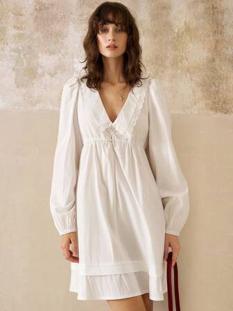 Cévolie 女式白色刺绣领长袖连衣裙