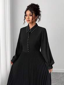 Elenzga Vestido plisado de línea A elegante y minimalista, vestido de trabajo de manga larga con cuello contrastante con tachuelas - Negro - Ver 5