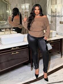 NU&NOW Plus Size Women's Off Shoulder Cable Knit Diamond Pattern Pullover Sweater Fall Winter Cloth For Women Autumn - Khaki - View 4