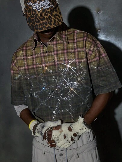 NEON BLANC Men's Summer Casual Yellow-Green Plaid Rhinestone Spider Web Pattern Short Sleeve Shirt