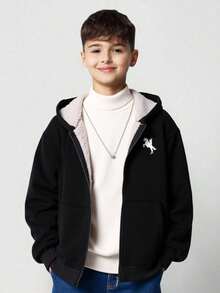 SHEIN Tween Boy Corduroy Thermal Lined Zip-Up Hooded Jacket, Can Be Paired With Halloween Sweatshirt, Autumn/Winter Long Sleeve Shirt, Pullover, Shirt, Boys Joggers, Suitable For Commuting, School, Casual, Sports, Autumn/Winter, Teen Boy Zip Up Hoodie, Boys Winter Hoodie Jacket, Boys Thermal Lined Hoodie, Tween Boys Sherpa Lined Jacket Fall