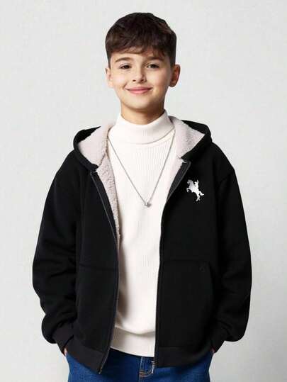 SHEIN Tween Boy Corduroy Thermal Lined Zip-Up Hooded Jacket, Can Be Paired With Halloween Sweatshirt, Autumn/Winter Long Sleeve Shirt, Pullover, Shirt, Boys Joggers, Suitable For Commuting, School, Casual, Sports, Autumn/Winter, Teen Boy Zip Up Hoodie, Boys Winter Hoodie Jacket, Boys Thermal Lined Hoodie, Tween Boys Sherpa Lined Jacket Fall