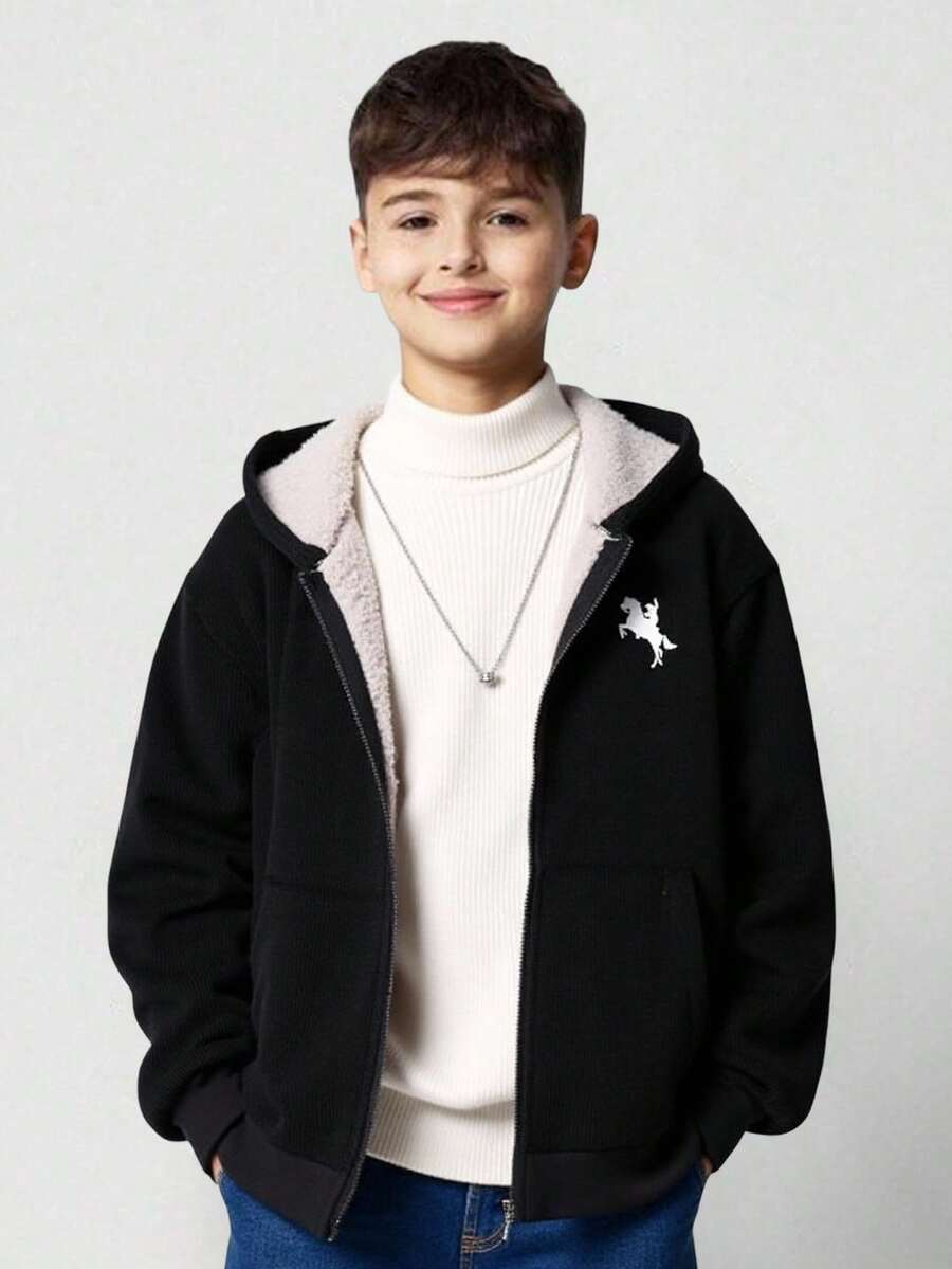 SHEIN Tween Boy Corduroy Thermal Lined Zip-Up Hooded Jacket, Can Be Paired With Halloween Sweatshirt, Autumn/Winter Long Sleeve Shirt, Pullover, Shirt, Boys Joggers, Suitable For Commuting, School, Casual, Sports, Autumn/Winter, Teen Boy Zip Up Hoodie, Boys Winter Hoodie Jacket, Boys Thermal Lined Hoodie, Tween Boys Sherpa Lined Jacket Fall