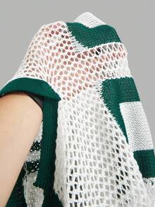 SHEIN PETITE 女士休闲镂空针织短袖上衣，假日，夏季，外出上衣，复古女式上衣，学院风上衣，沙滩，度假，绿白配色，欧洲夏季，街头风，图案T恤，秋季 - 白色 - 查看 12