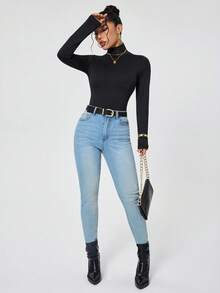 INAWLY High Neck Slim Fit Basic Tee Fall Cloth For Women - Black - View 6