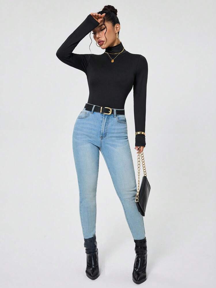 High Neck Slim Fit Basic Tee Fall Cloth For Women