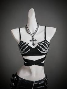 SHEIN ICON Women's Halloween Skeleton Hand Reflective Chest Print Bodycon Camisole Sexy Hollow Out,Black Tops - Black - View 4