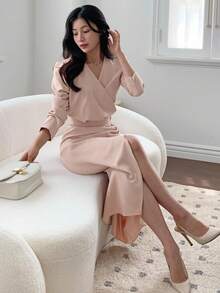 DAZY Women V-Neck Waist Cinched Mid-Length Shirt Dress